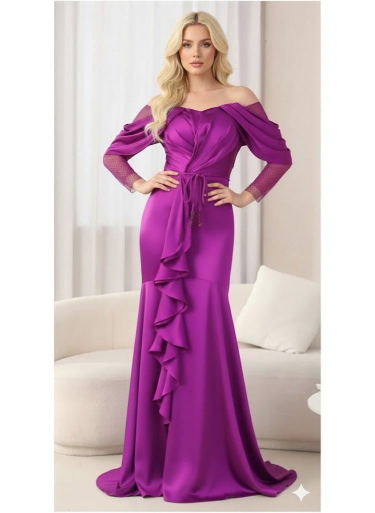 FULL JOY Women Luxurious Silk Satin Maxi Evening Dress, Off-Shoulder Design, Long sheer sleeves, and Waist Belt .Fashion Dress, Modern dress. - Image 1